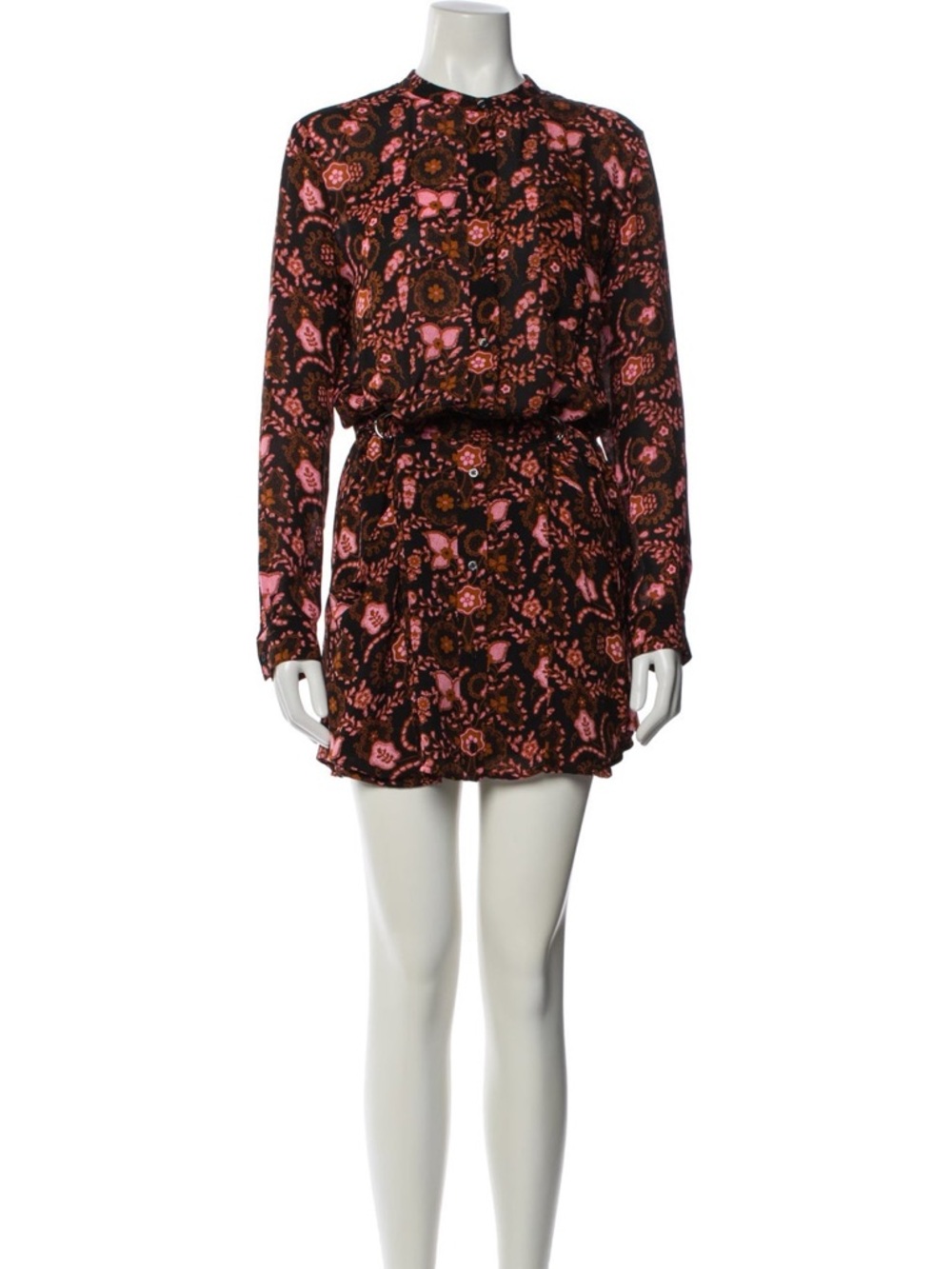 A.L.C. Liza 100% Silk Mini Dress Black Pink Multi Floral Shirt Dress EUC Size 0 - Picture 2 of 8